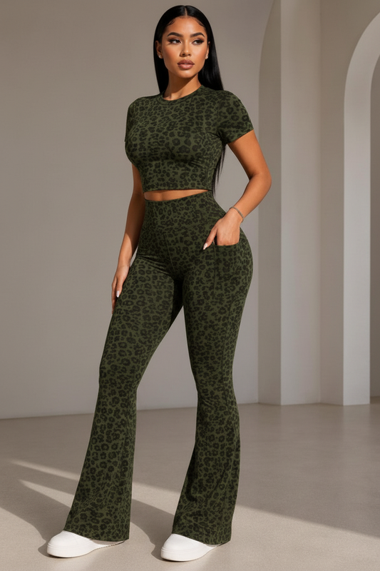 Leopard Print 2-Piece Flare Set - High-Waist Pants & Fitted Top