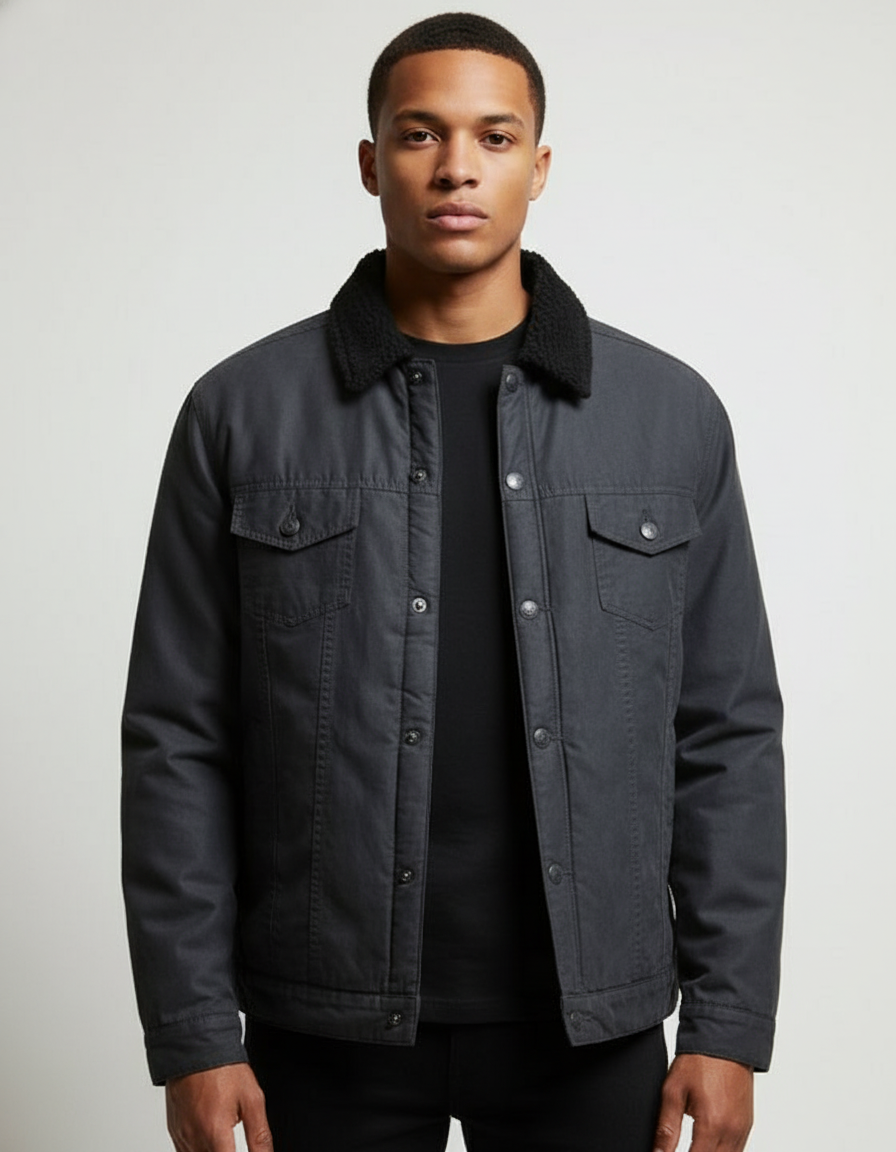 Front view - charcoal gray jacket unbuttoned