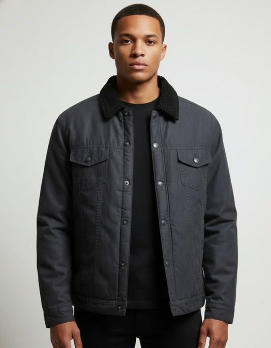 Front view - charcoal gray jacket unbuttoned