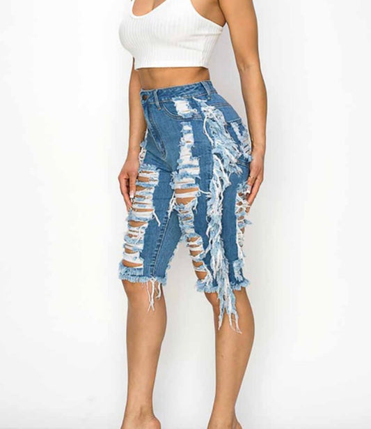 High Waist Shredded Denim - Pretty Prissy Pieces Pants