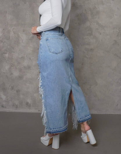 Long shredded Denim Skirt - Pretty Prissy Pieces long denim skirt