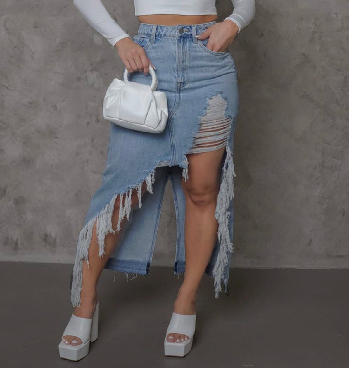 Long shredded Denim Skirt - Pretty Prissy Pieces long denim skirt