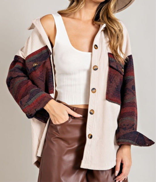 Oatmeal Corduroy printed shirt jacket - Pretty Prissy Pieces