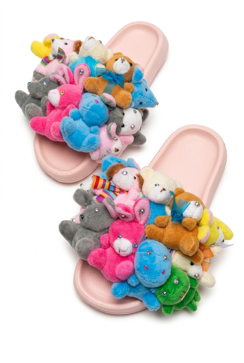 Pink plush slides on a white studio background