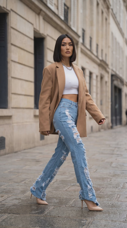 Extreme Distressed High Waist Jeans -Long Stretchy Denim | Pretty Prissy Pieces