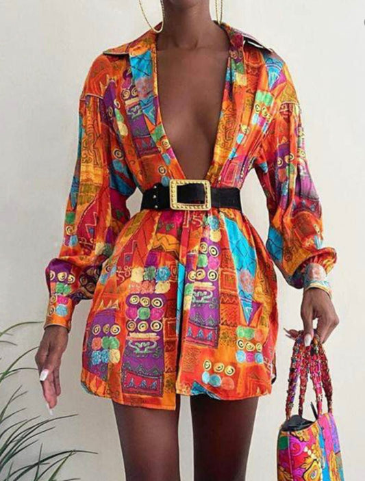 Printed Lantern Sleeve Shirt dress - Pretty Prissy Pieces shirt dress, button down dress