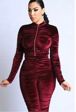 Load image into Gallery viewer, Merlot Velvet Ruched Hight Waist pants set